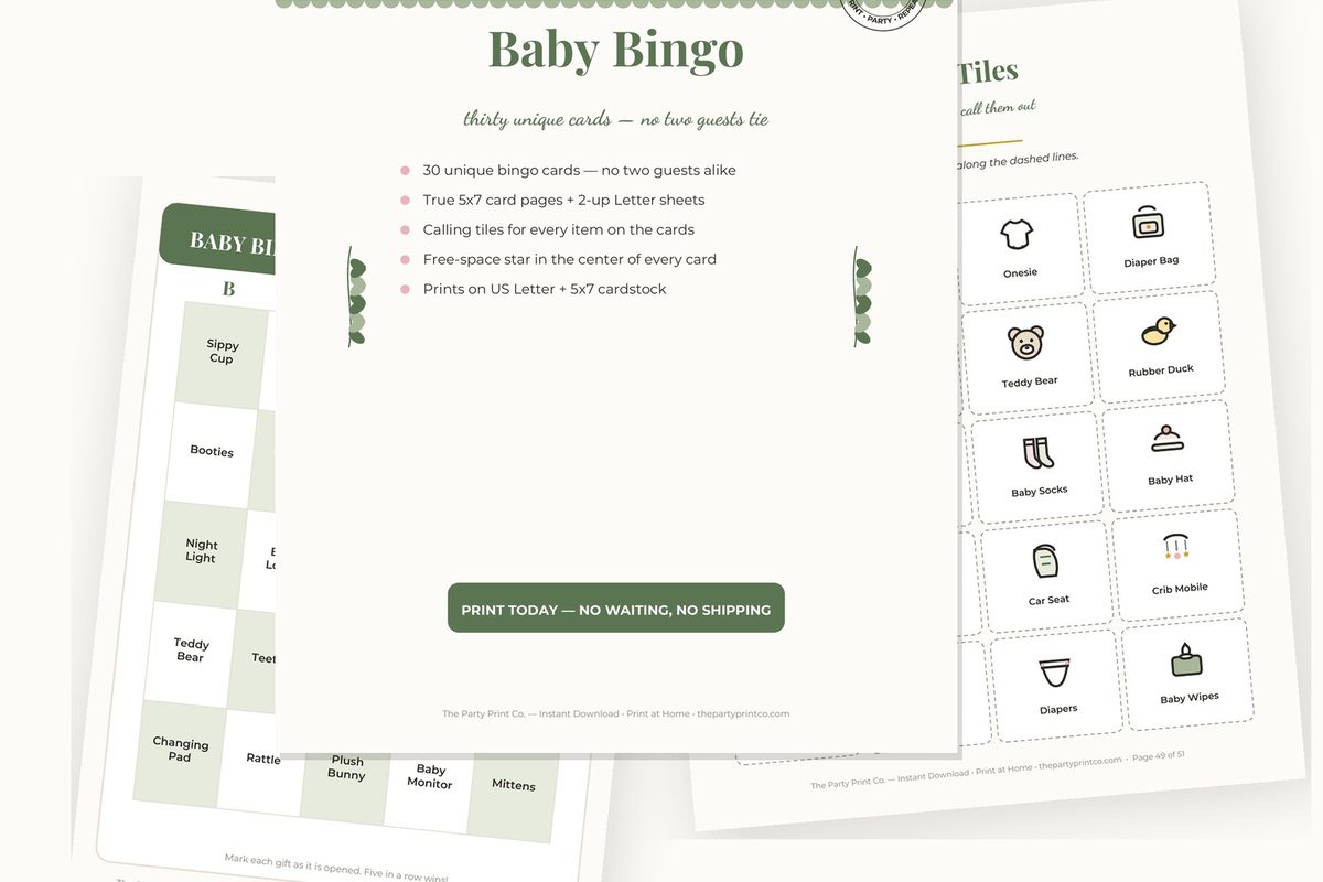 Baby Bingo: 30 Unique Cards — cover and pages fanned on cream