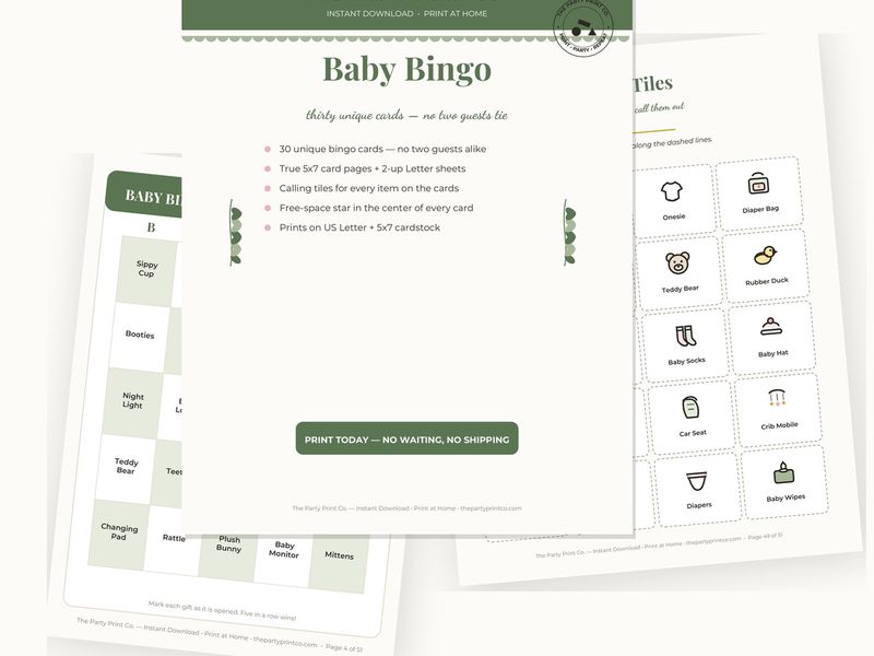 Baby Bingo: 30 Unique Cards — cover and pages fanned on cream