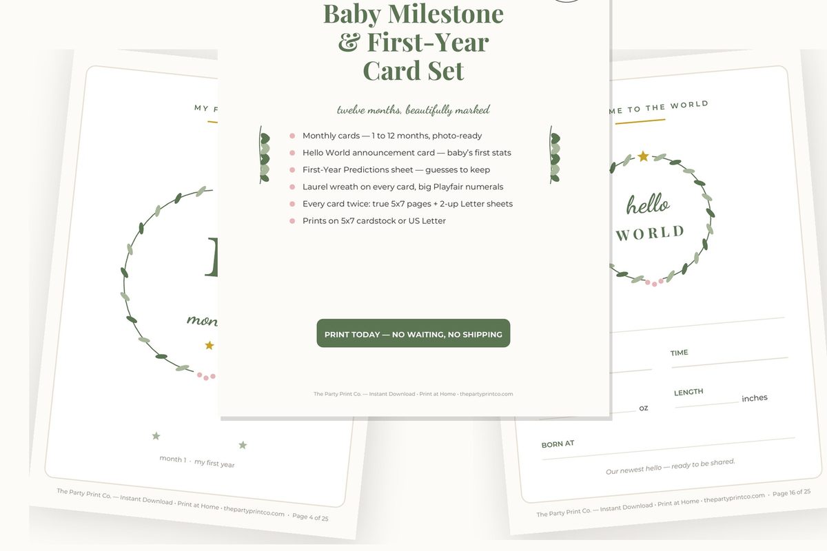 Baby Milestone & First-Year Card Set — cover and pages fanned on cream