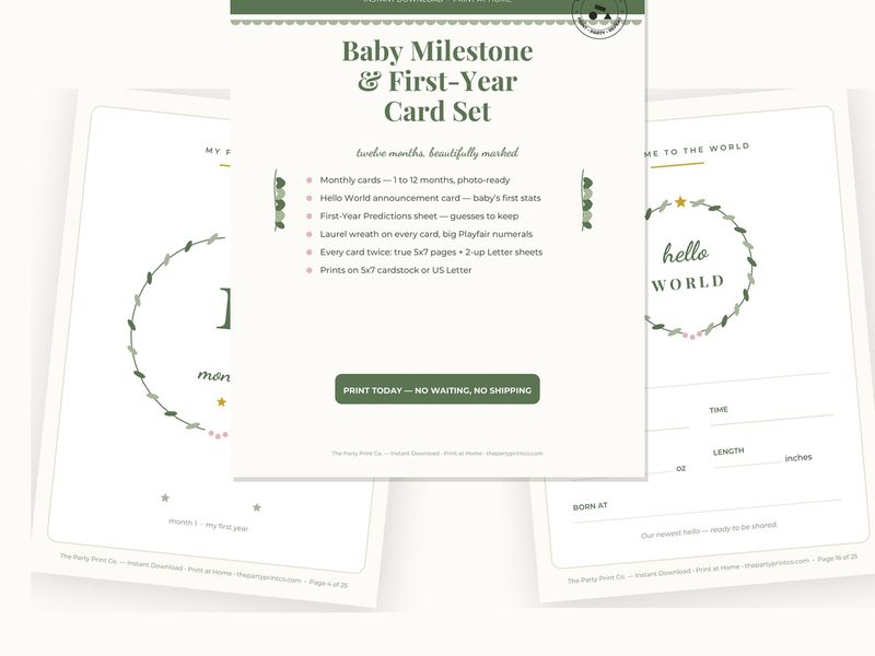 Baby Milestone & First-Year Card Set — cover and pages fanned on cream