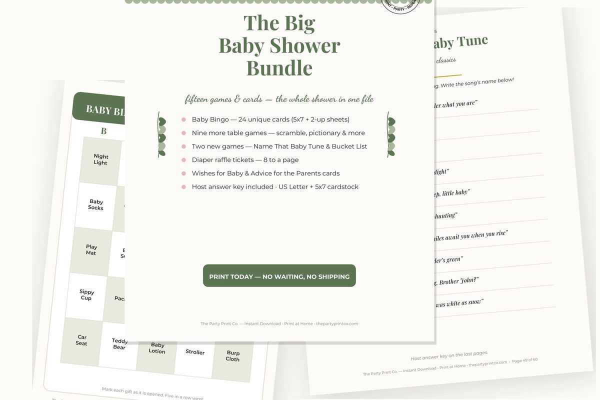 The Big Baby Shower Bundle: 15 Games & Cards — cover and pages fanned on cream