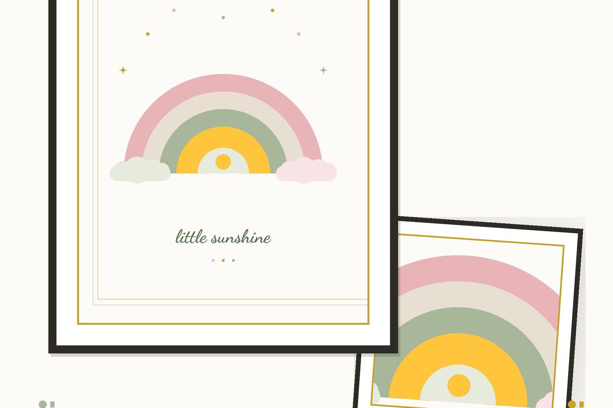 Boho Rainbow Nursery Print — cover and pages fanned on cream