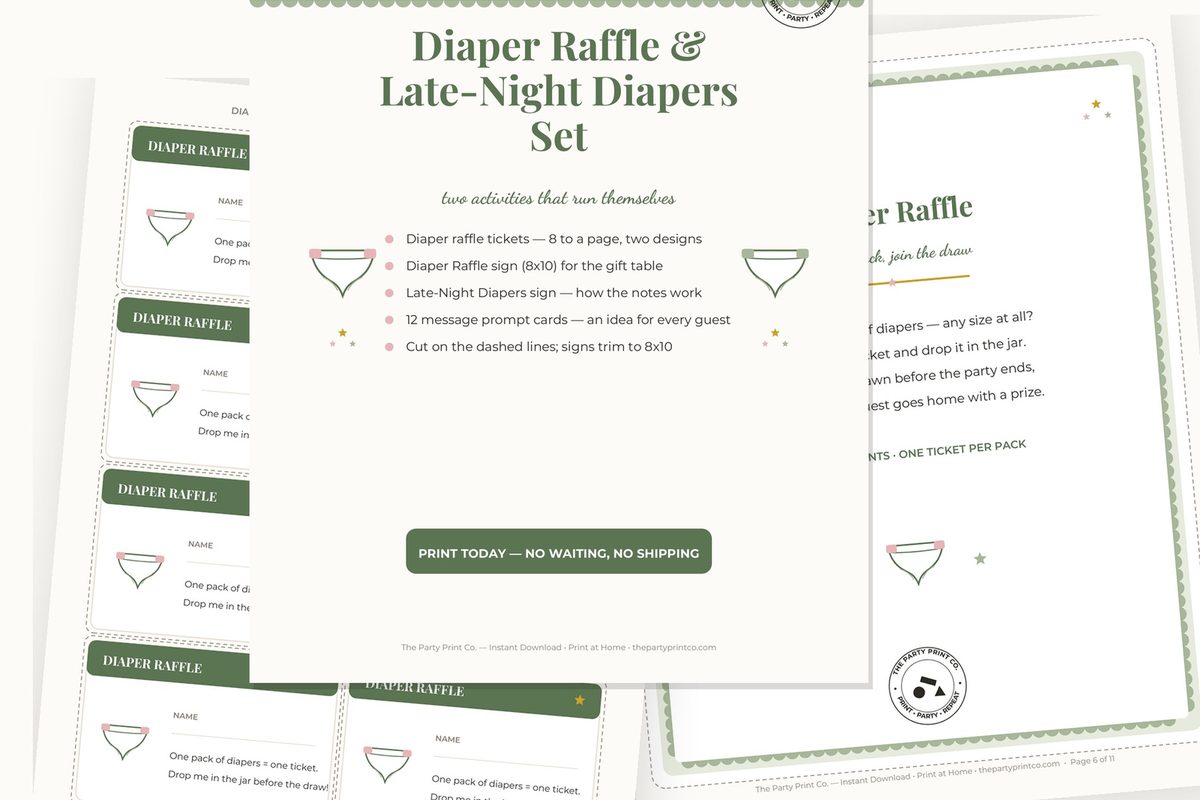 Diaper Raffle & Late-Night Diapers Set — cover and pages fanned on cream