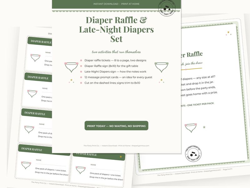 Diaper Raffle & Late-Night Diapers Set — cover and pages fanned on cream