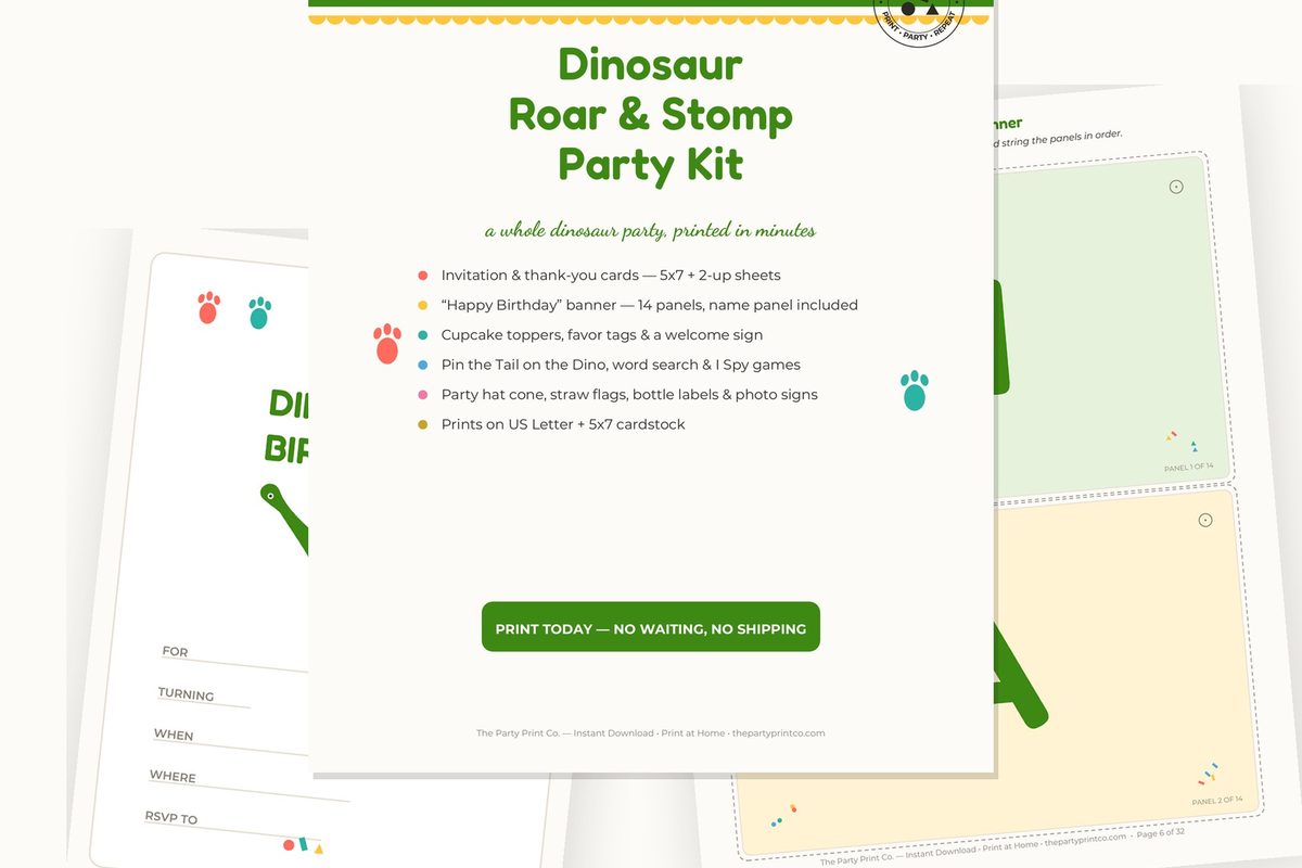 Dinosaur Roar & Stomp Party Kit — cover and pages fanned on cream