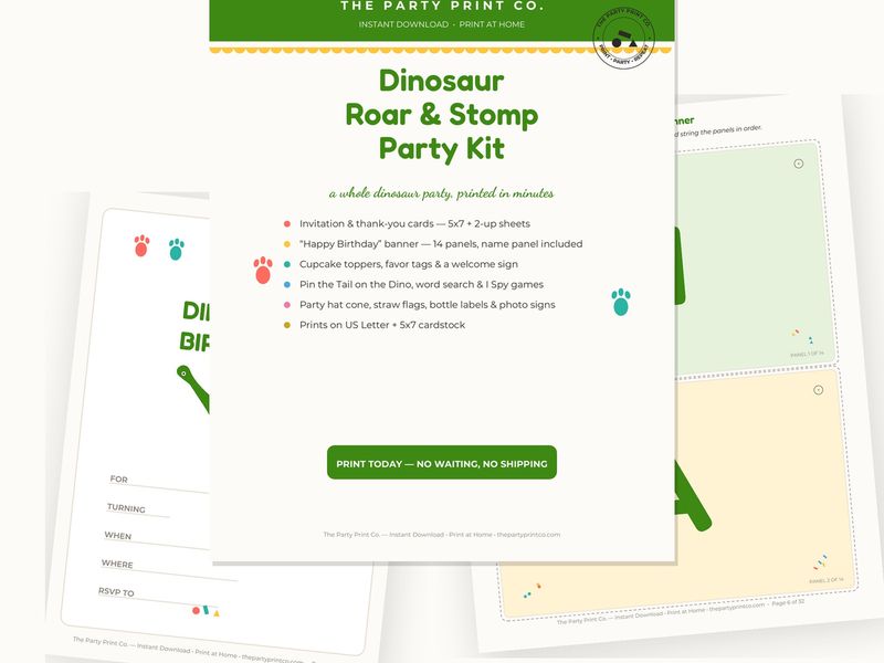 Dinosaur birthday kit — cover and pages fanned