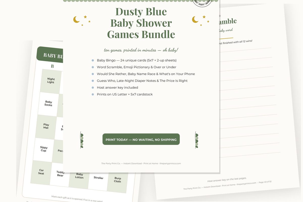 Dusty Blue Baby Shower Games Bundle — cover and pages fanned on cream