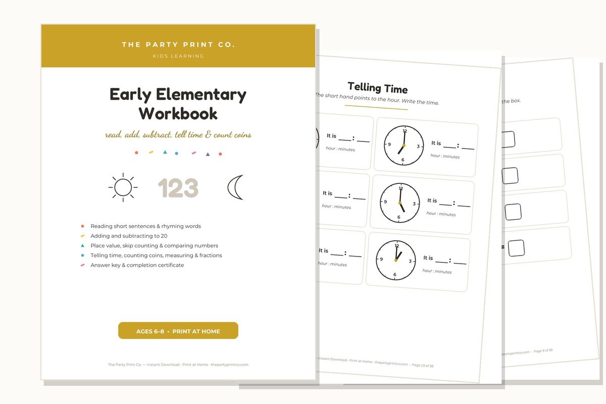 Early Elementary Workbook — cover and pages fanned on cream