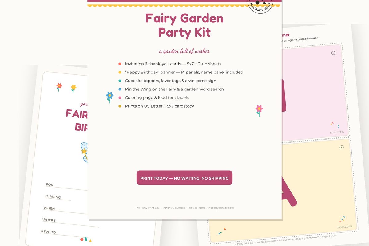 Fairy Garden Party Kit — cover and pages fanned on cream