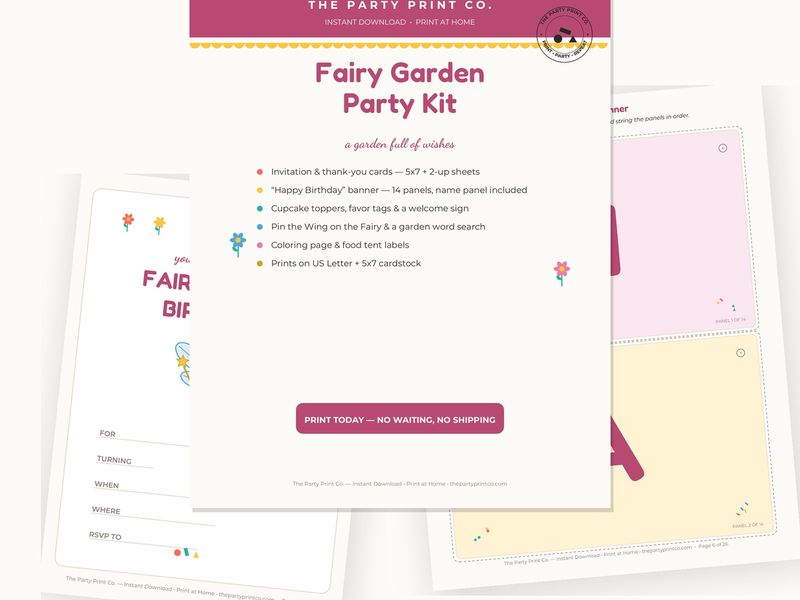 Fairy Garden Party Kit — cover and pages fanned on cream