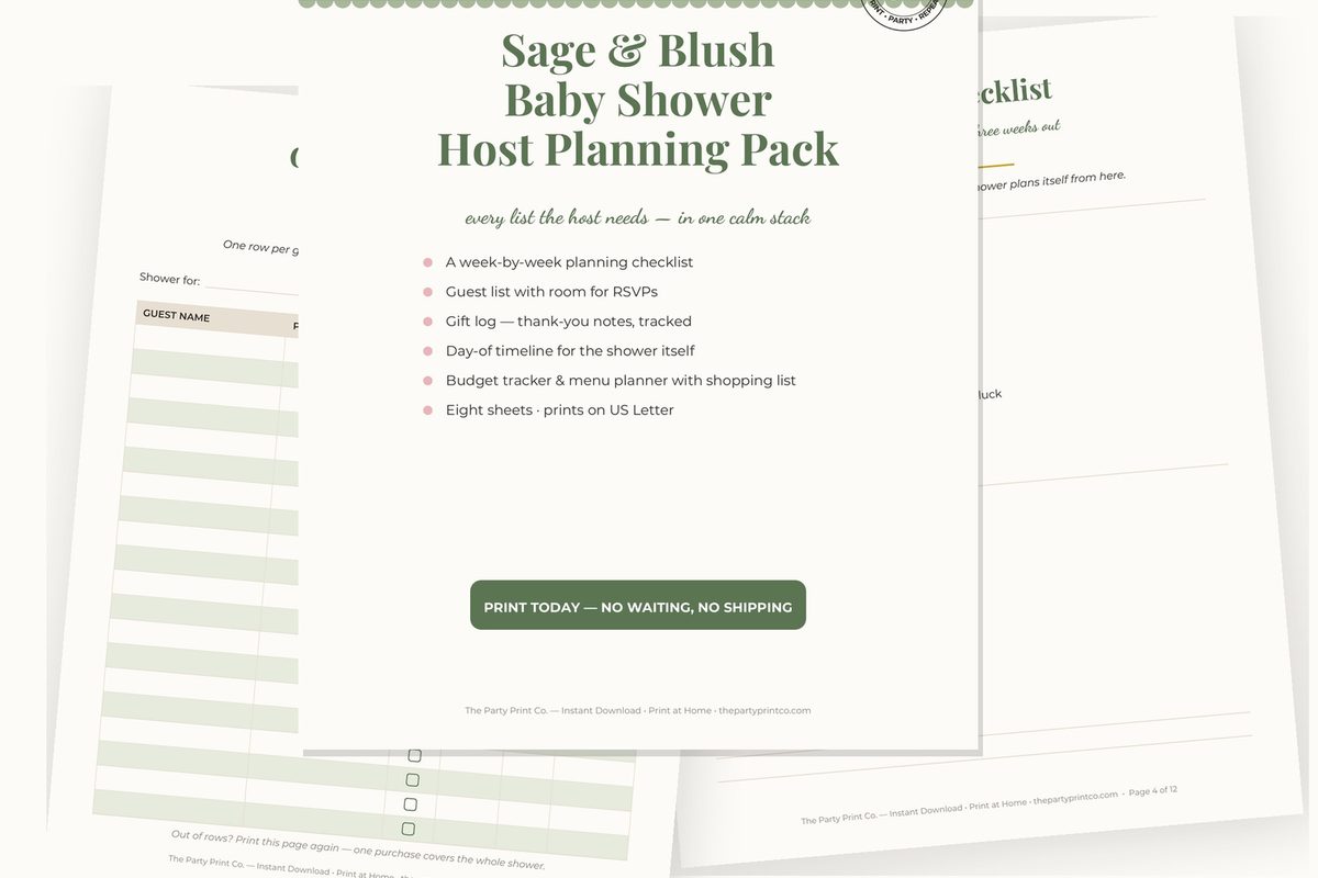 Baby Shower Host Planning Pack — cover and pages fanned on cream