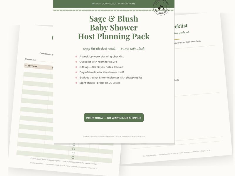 Baby Shower Host Planning Pack — cover and pages fanned on cream