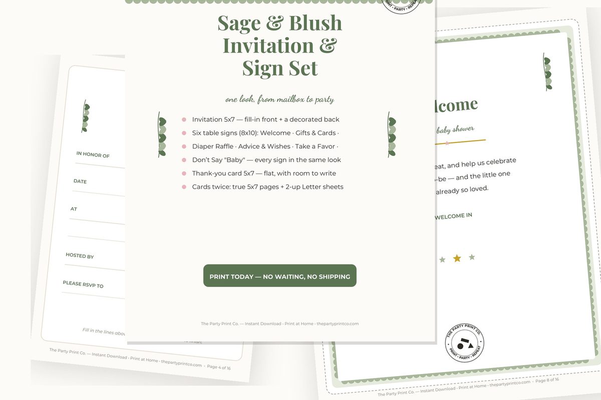 Sage & Blush Invitation & Sign Set — cover and pages fanned on cream