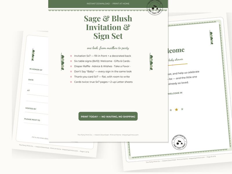 Sage & Blush Invitation & Sign Set — cover and pages fanned on cream