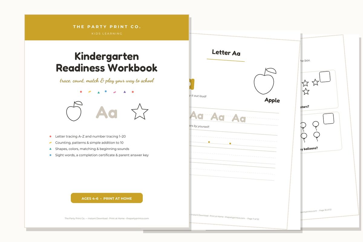 Kindergarten Readiness Workbook — cover and pages fanned on cream