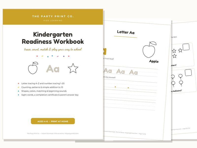 Kindergarten Readiness Workbook — cover and pages fanned on cream
