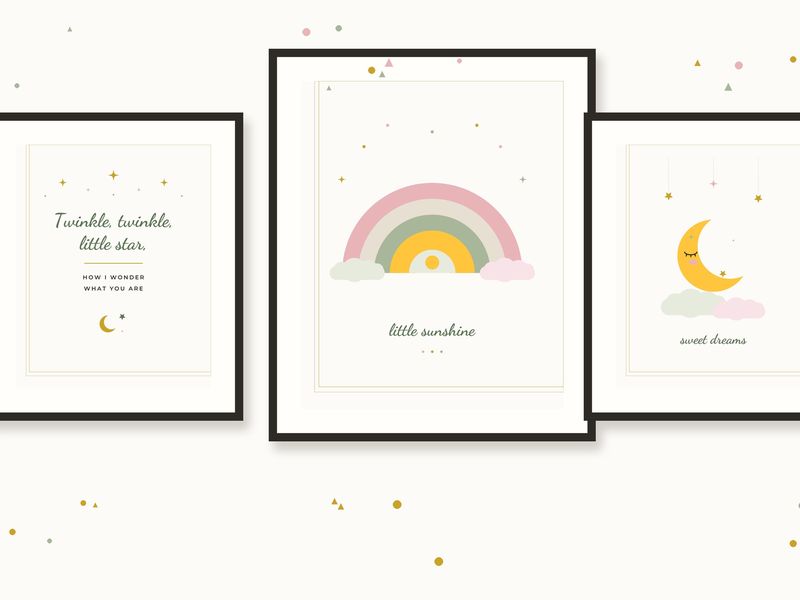 Nursery Gallery Wall Set — All Six Prints — cover and pages fanned on cream