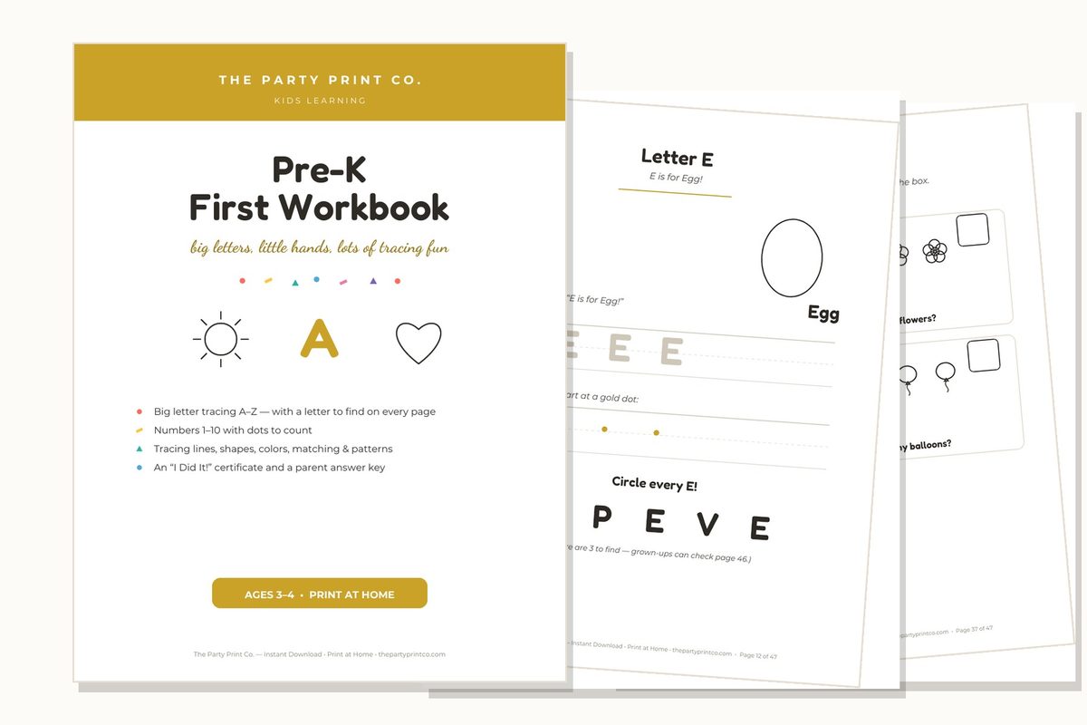 Pre-K First Workbook — cover and pages fanned on cream