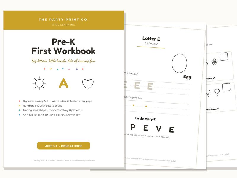 Pre-K First Workbook — cover and pages fanned on cream