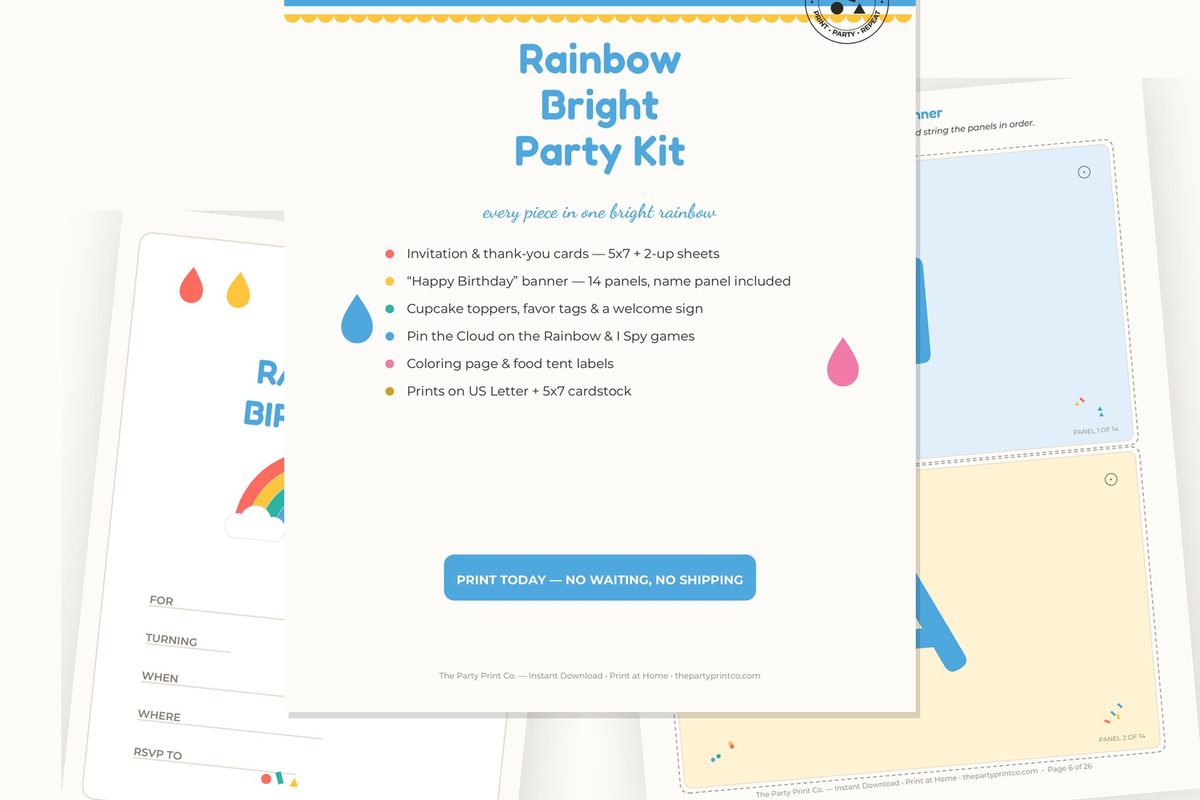 Rainbow Bright Party Kit — cover and pages fanned on cream