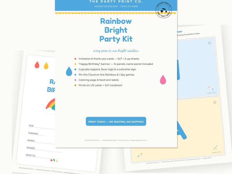 Rainbow Bright Party Kit — cover and pages fanned on cream