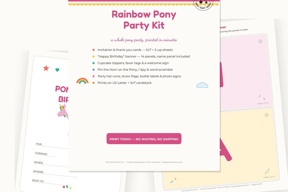 Rainbow Pony Party Kit — cover and pages fanned on cream