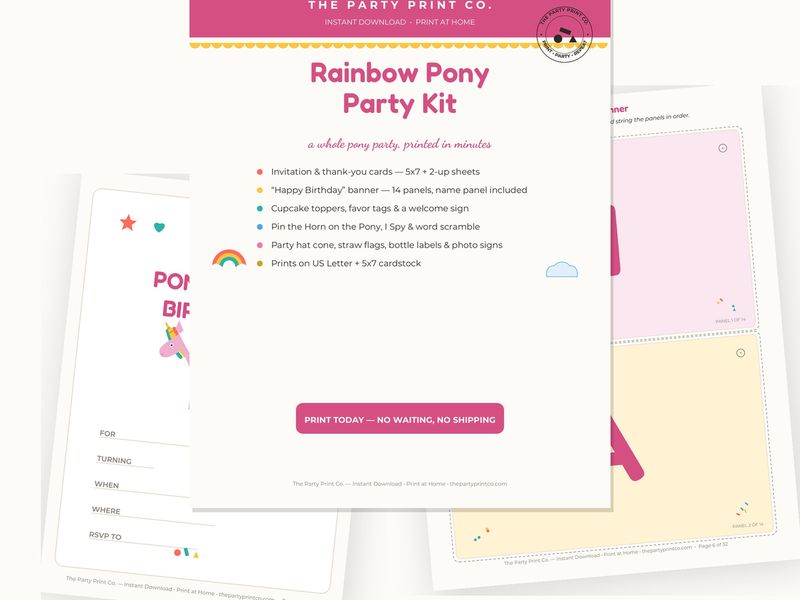 Rainbow Pony Party Kit — cover and pages fanned on cream