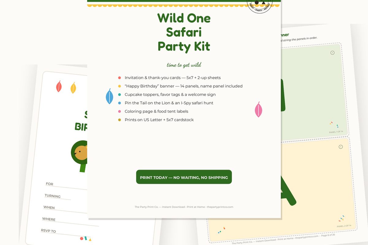 Wild One Safari Party Kit — cover and pages fanned on cream
