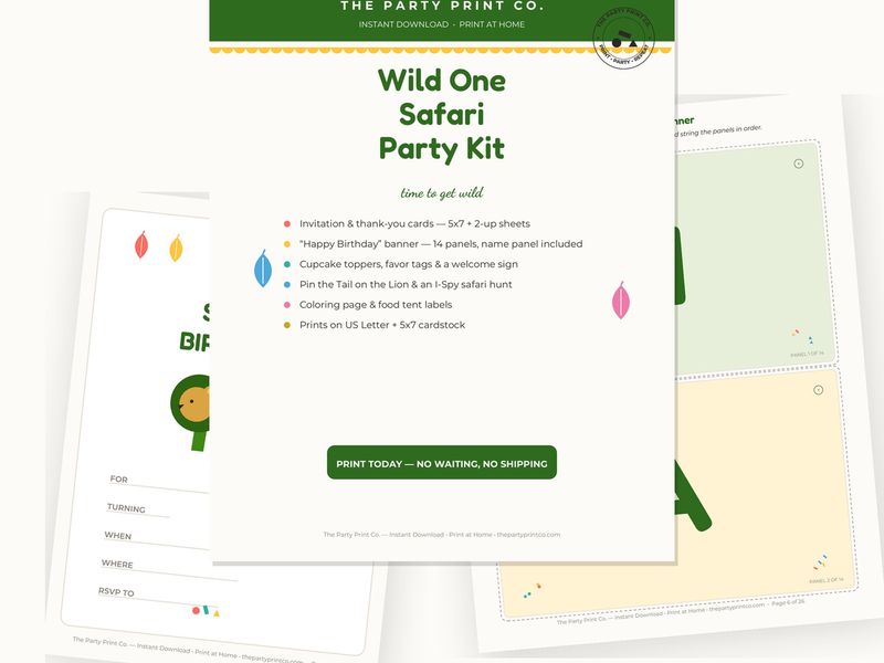 Wild One Safari Party Kit — cover and pages fanned on cream