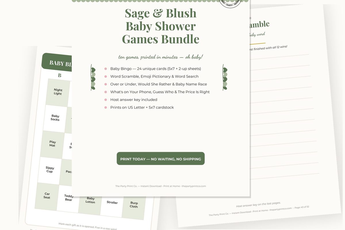 Sage & Blush Baby Shower Games Bundle — cover and game pages fanned