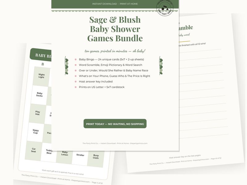 Sage & Blush baby shower games — cover and pages fanned
