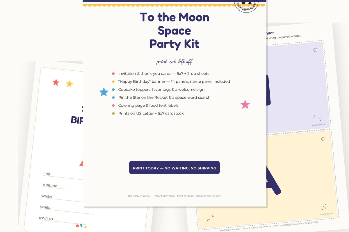 To the Moon Space Party Kit — cover and pages fanned on cream