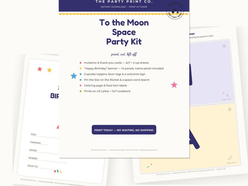To the Moon Space Party Kit — cover and pages fanned on cream