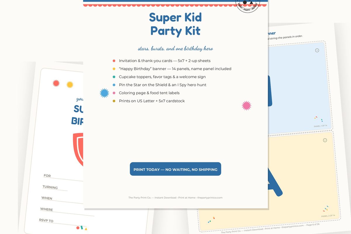 Super Kid Party Kit — cover and pages fanned on cream