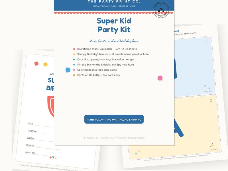 Super Kid Party Kit — cover and pages fanned on cream