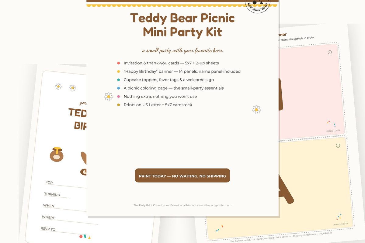 Teddy Bear Picnic Mini Kit — cover and pages fanned on cream