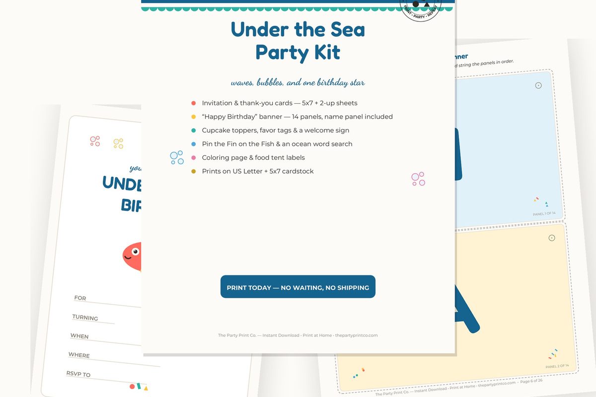 Under the Sea Party Kit — cover and pages fanned on cream
