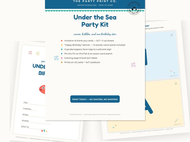 Under the Sea Party Kit — cover and pages fanned on cream
